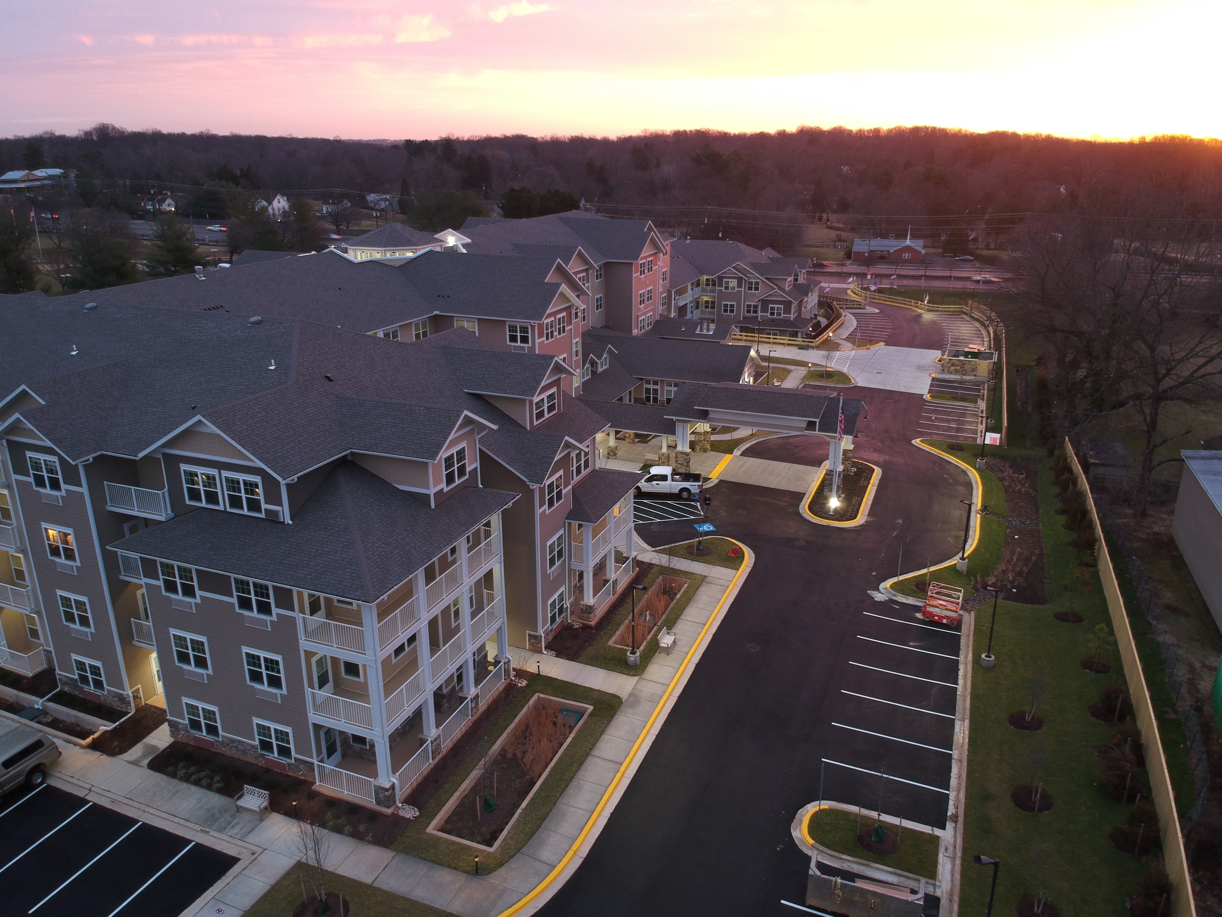 Wilshire Estates Silver Spring Maryland senior housing campus completed aerial sunset